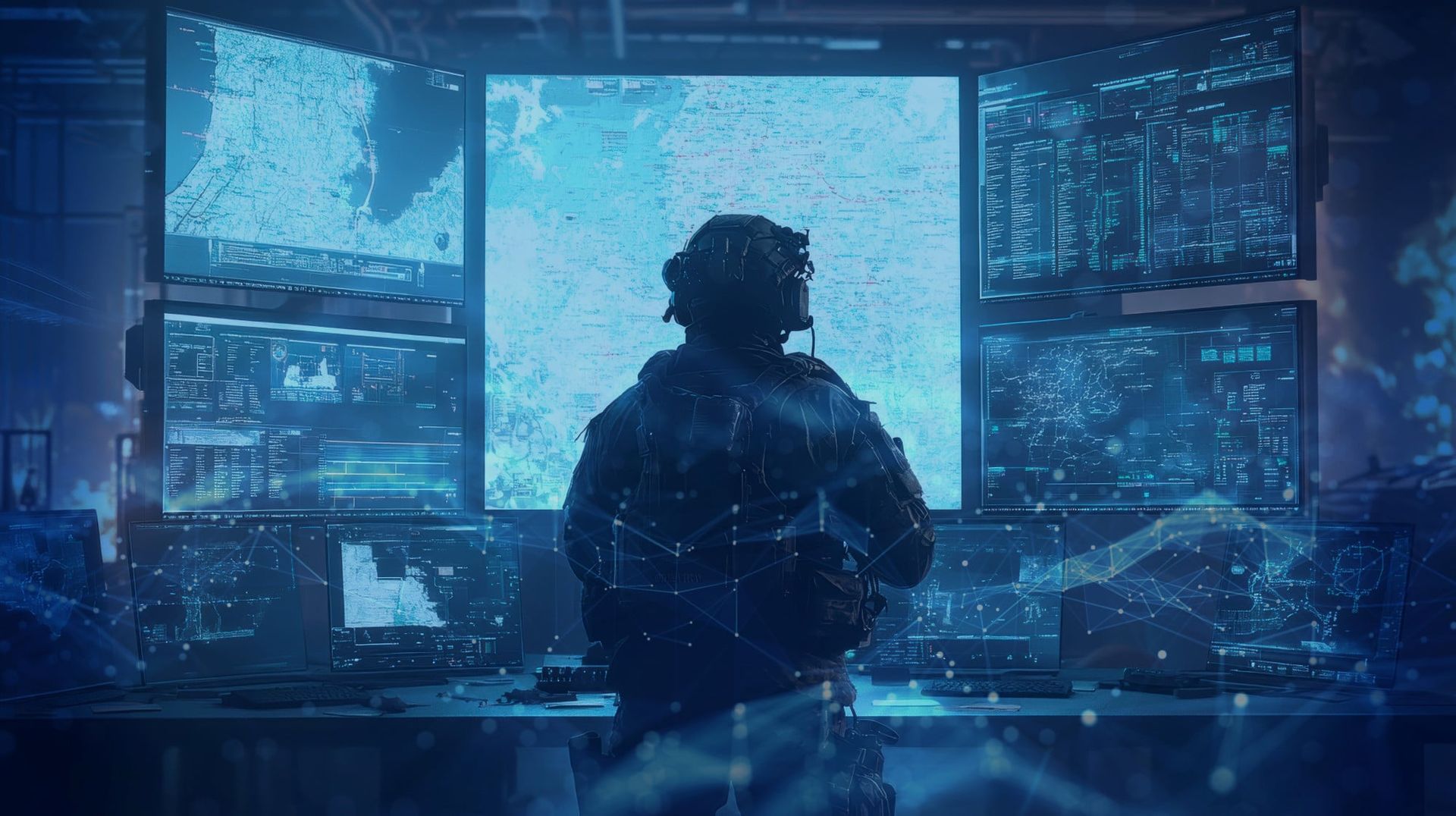 A silhouetted figure in tactical gear stands before a series of large digital screens displaying maps, data, and various graphical interfaces, creating a high-tech command center atmosphere.