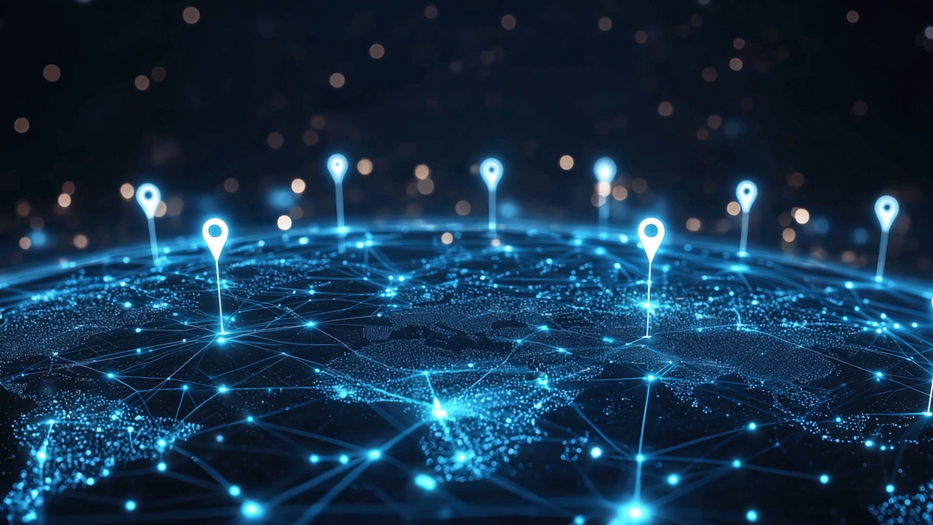 Ein digitales Netz aus leuchtenden Punkten und Linien, das eine stilisierte Erdkugel miteinander verbindet. An verschiedenen Orten auf der Karte sind Marker platziert, die ein globales Netzwerk symbolisieren. Der Hintergrund ist dunkel und funkelt subtil.