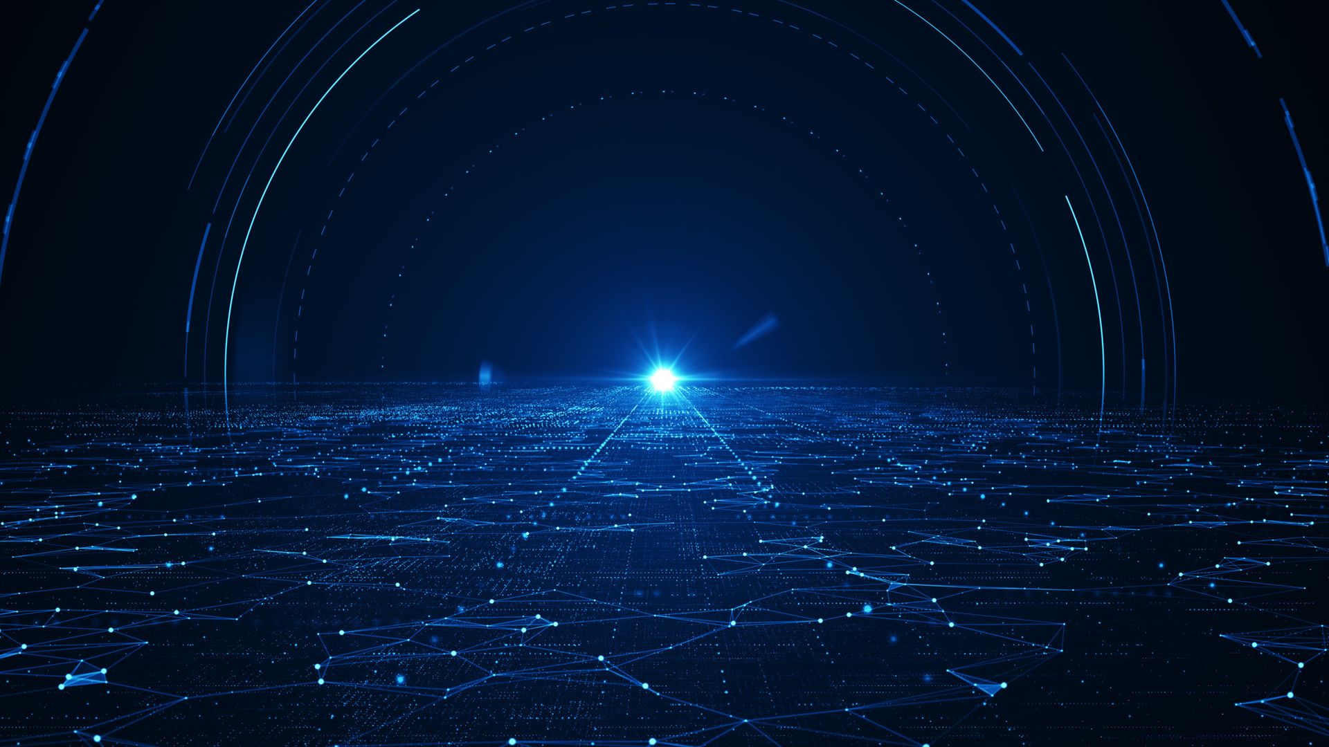 A futuristic digital landscape with a glowing blue light at the center, surrounded by interconnected lines and nodes, creating a network-like pattern against a dark background.