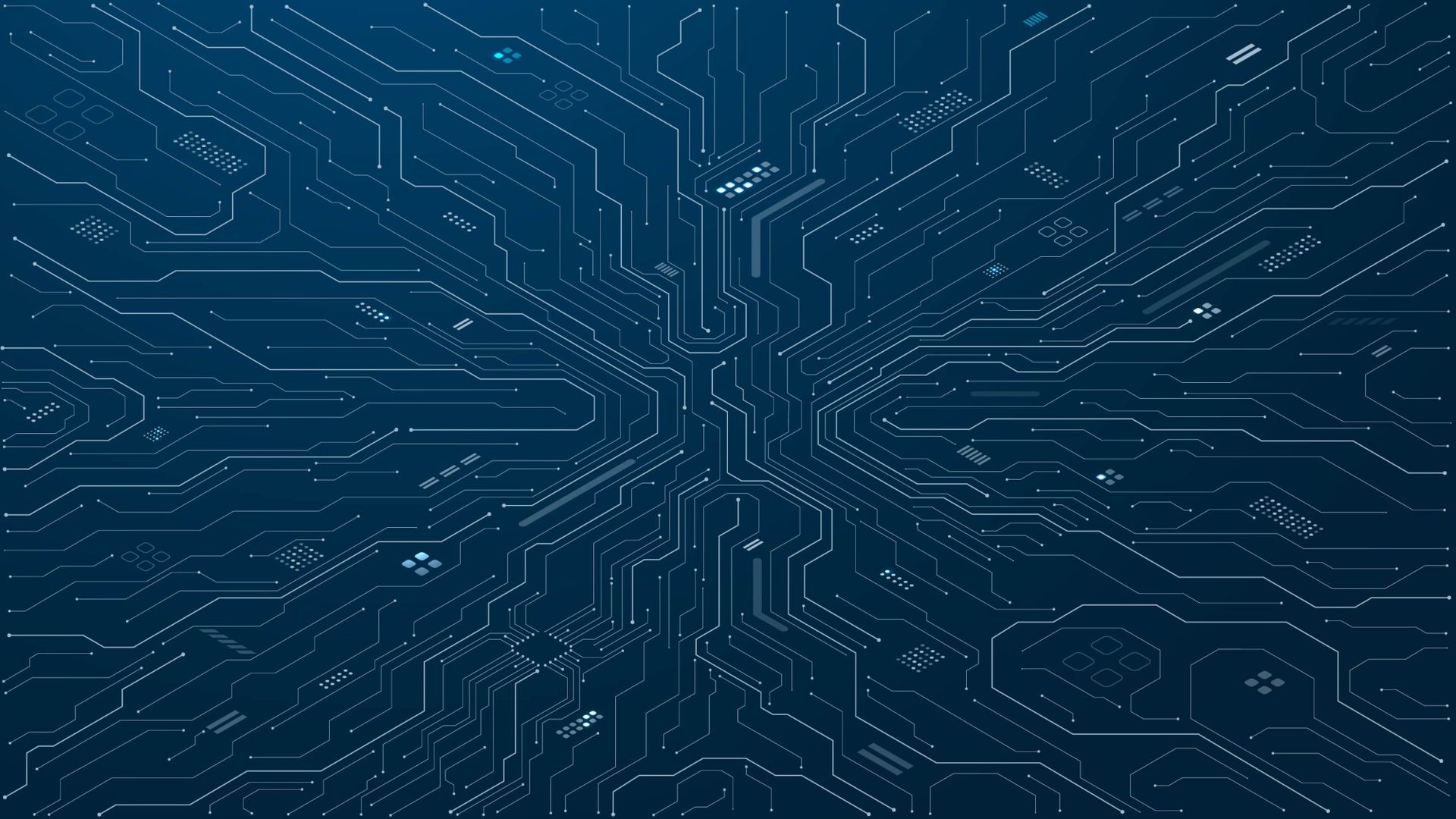 A dark blue circuit board design with intricate lines and patterns radiating outward, creating a symmetrical, interconnected network.