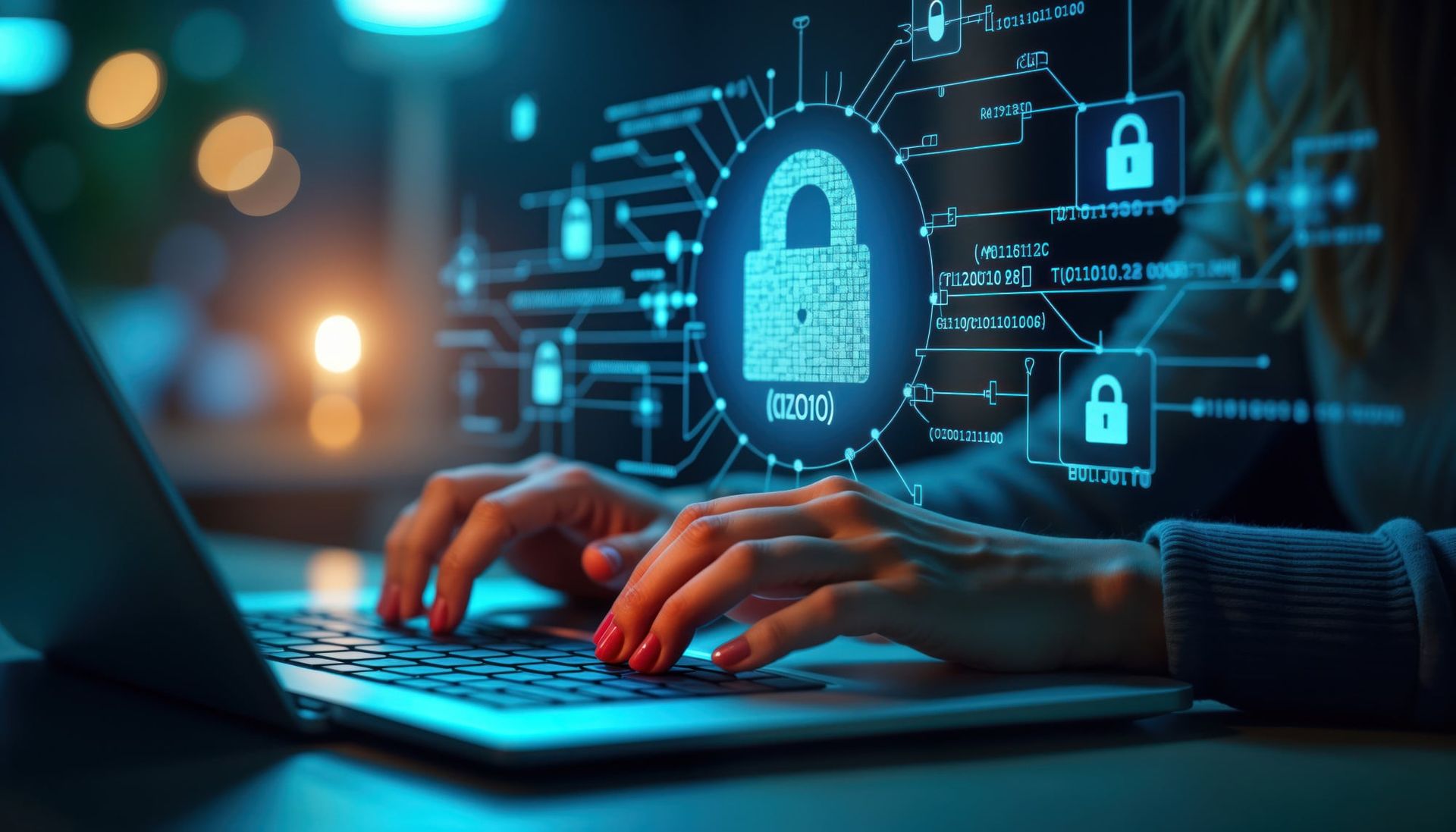 A person typing on a laptop with a digital overlay of a padlock and network connections, symbolizing cybersecurity and data protection.