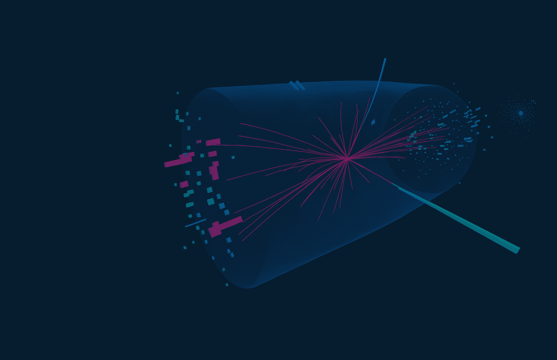 A stylized illustration of a particle collision event, featuring vibrant lines and shapes emerging from a cylindrical shape against a dark background, representing complex interactions of subatomic particles.