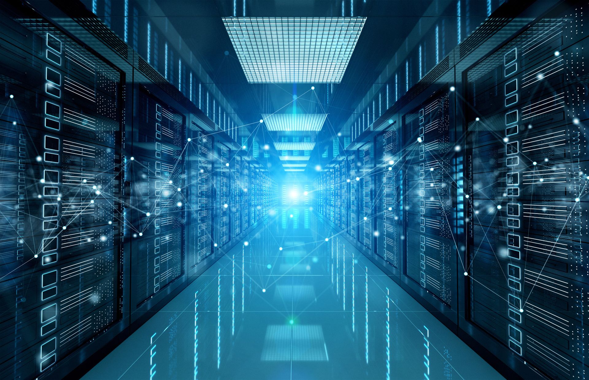 A futuristic data center corridor lined with server racks on either side, illuminated by blue light and digital effects, creating a high-tech ambiance.