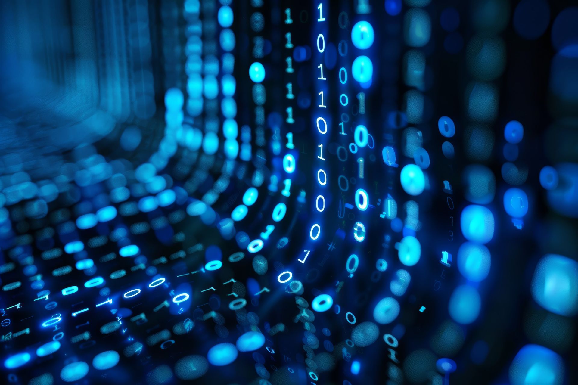 Eine abstrakte Darstellung von digitalem Code in blauen und schwarzen Tönen. Binärzahlen fließen in einem futuristischen Muster, das an Datenströme erinnert.