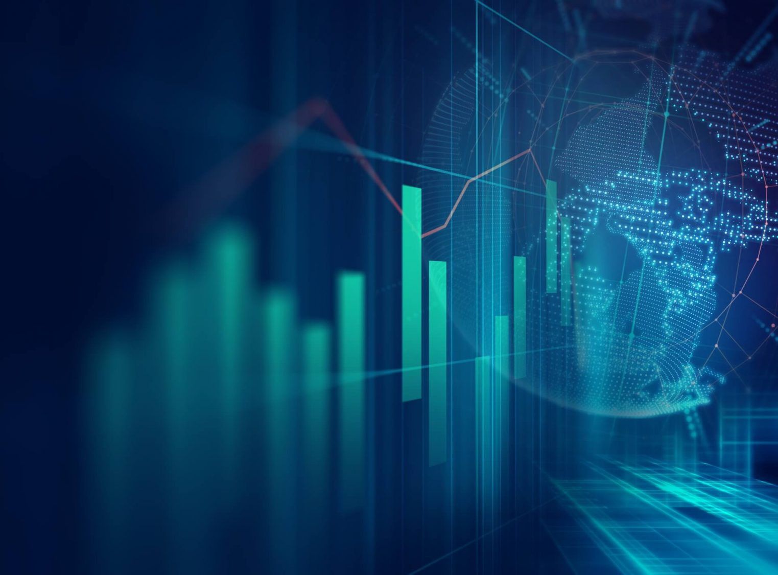 A digital abstract representation of financial data, featuring green bar graphs overlaid on a blue background, with a faint world map made of dots and lines.