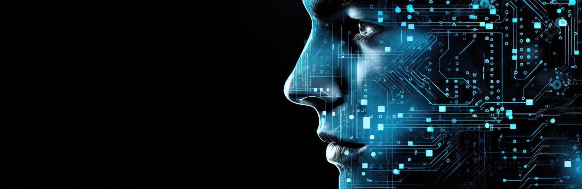 A digital representation of a human face merging with circuitry and technology, symbolizing artificial intelligence and innovation against a dark background.