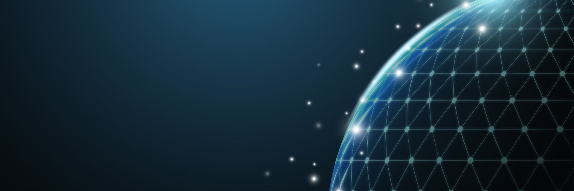 A futuristic design featuring a glowing grid pattern resembling a spherical shape, set against a dark blue background with sparkling light effects.