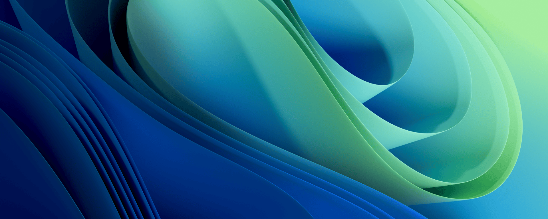 Abstract waves of blue and green create a fluid and dynamic composition, with smooth gradients that shift in color and depth.
