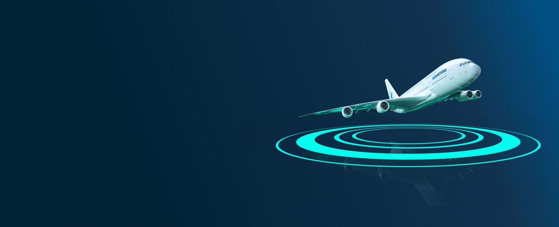 A stylized airplane ascending above concentric circular patterns against a dark blue background.