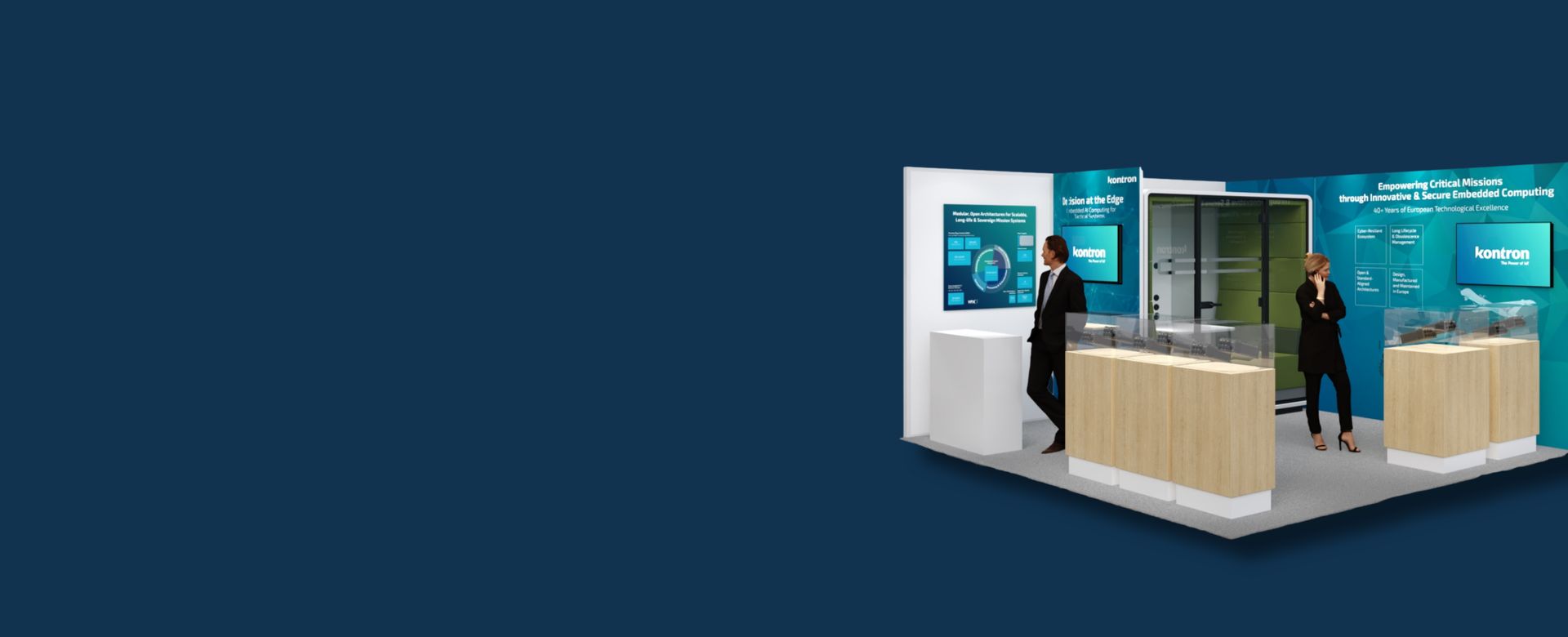 A modern exhibition booth featuring two professionals engaging with visitors. The booth includes promotional displays and sleek wooden counters. The background is a deep blue color.