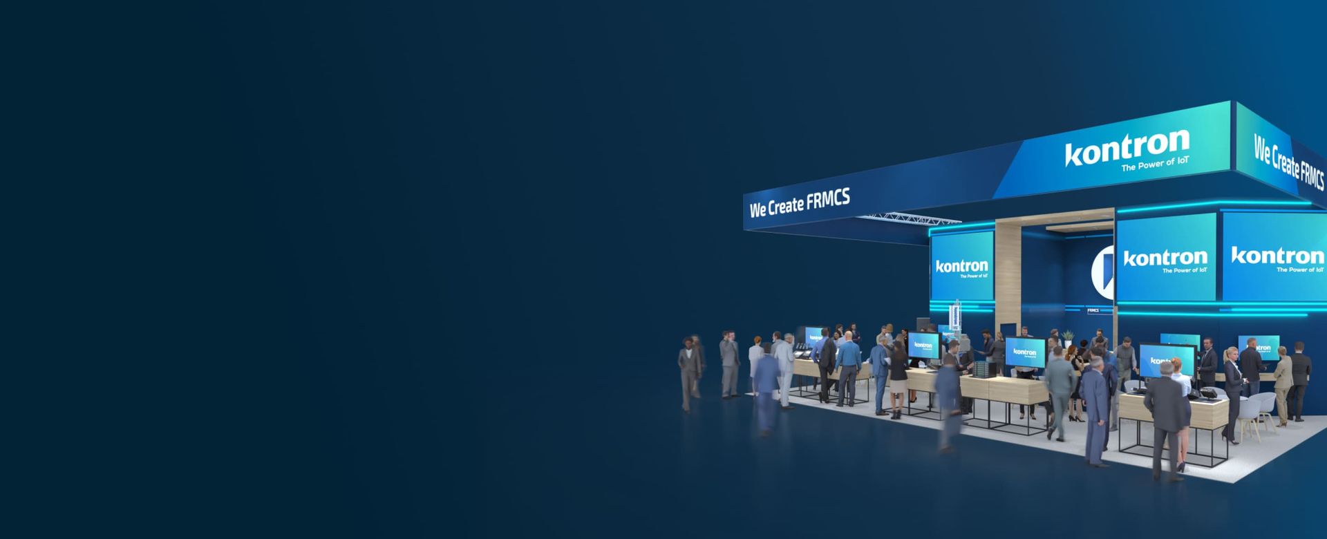 A modern exhibition booth featuring the brand name "Kontron" prominently displayed. The booth includes several screens showcasing products and services, with a diverse group of people interacting and engaging around the area. The overall design is sleek and professional, set against a dark blue background.