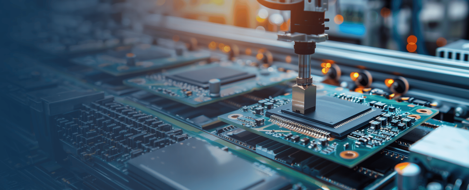 A robotic arm assembling microchips on a circuit board in a factory setting, with blurred lights in the background indicating an industrial environment.