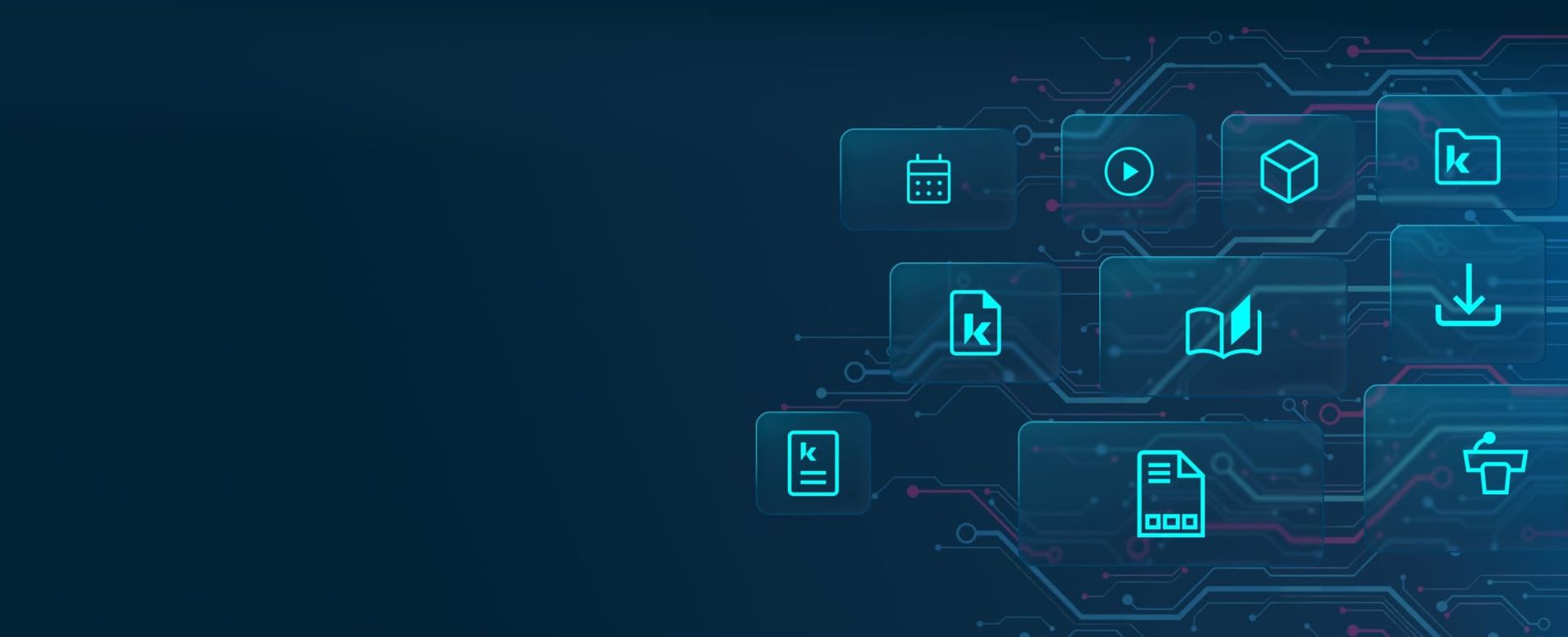 A dark blue background featuring a pattern of circuit lines and various teal icons, including a calendar, play button, cube, document, book, download arrow, and trash bin, symbolizing digital tools and technology.