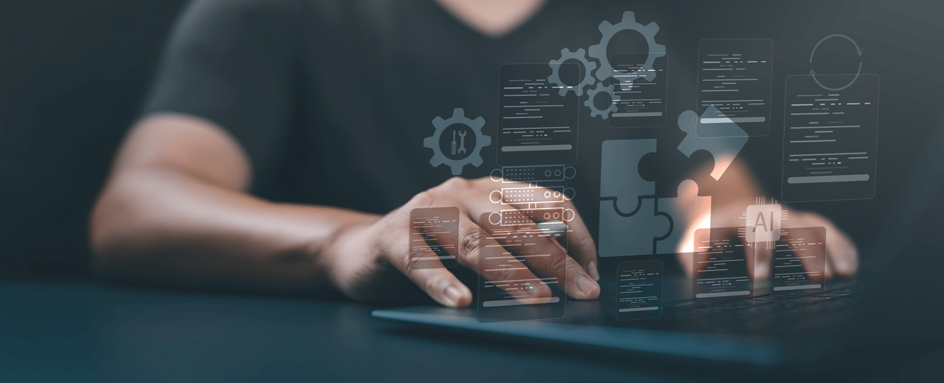 A person in a black shirt is typing on a laptop. Overlayed graphics depict gears, coding elements, and abstract shapes, suggesting a theme of technology and software development.