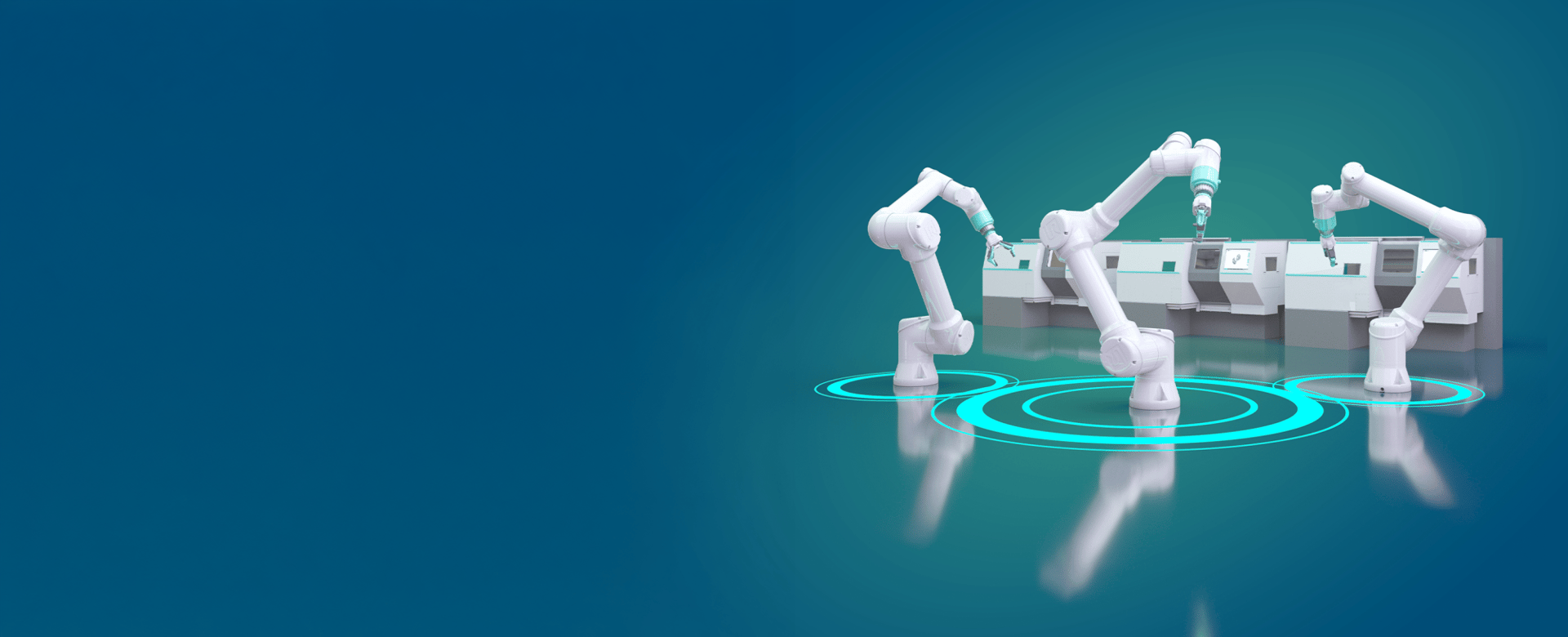 Three robotic arms positioned near a machine, with a digital blue background and circular graphical elements on the floor, suggesting automation and advanced technology.