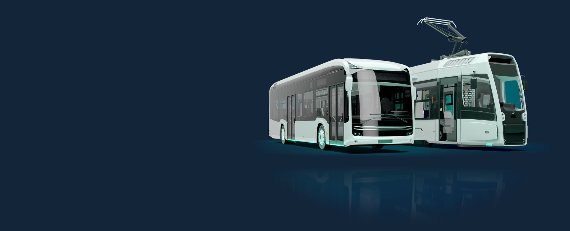 Two modern buses are showcased against a dark background. One is a traditional bus with a sleek design, while the other is a trolleybus featuring an overhead wire for power. Both vehicles have a futuristic look with glowing accents.