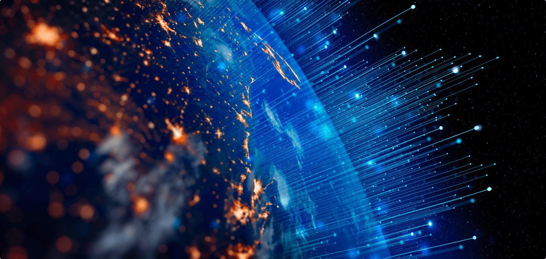 Eine digitale Darstellung der Erde im Weltraum, umgeben von leuchtenden blauen Linien, die Dynamik und Vernetzung symbolisieren. Die Oberfläche der Erde zeigt Punkte in Orange und Weiß, die städtische Gebiete darstellen, vor einem dunklen, sternenübersäten Hintergrund.