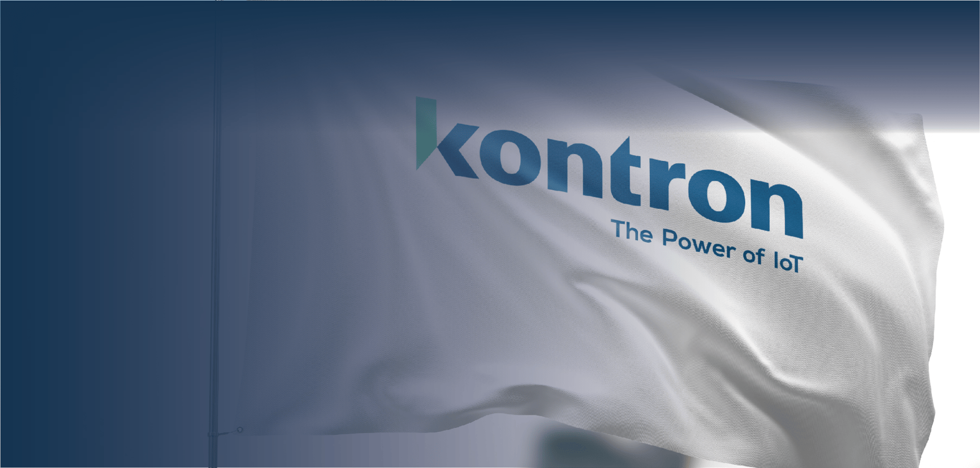 Eine weiße Flagge mit dem Schriftzug "kontron" und dem Slogan "The Power of IoT" in blauer Schrift.