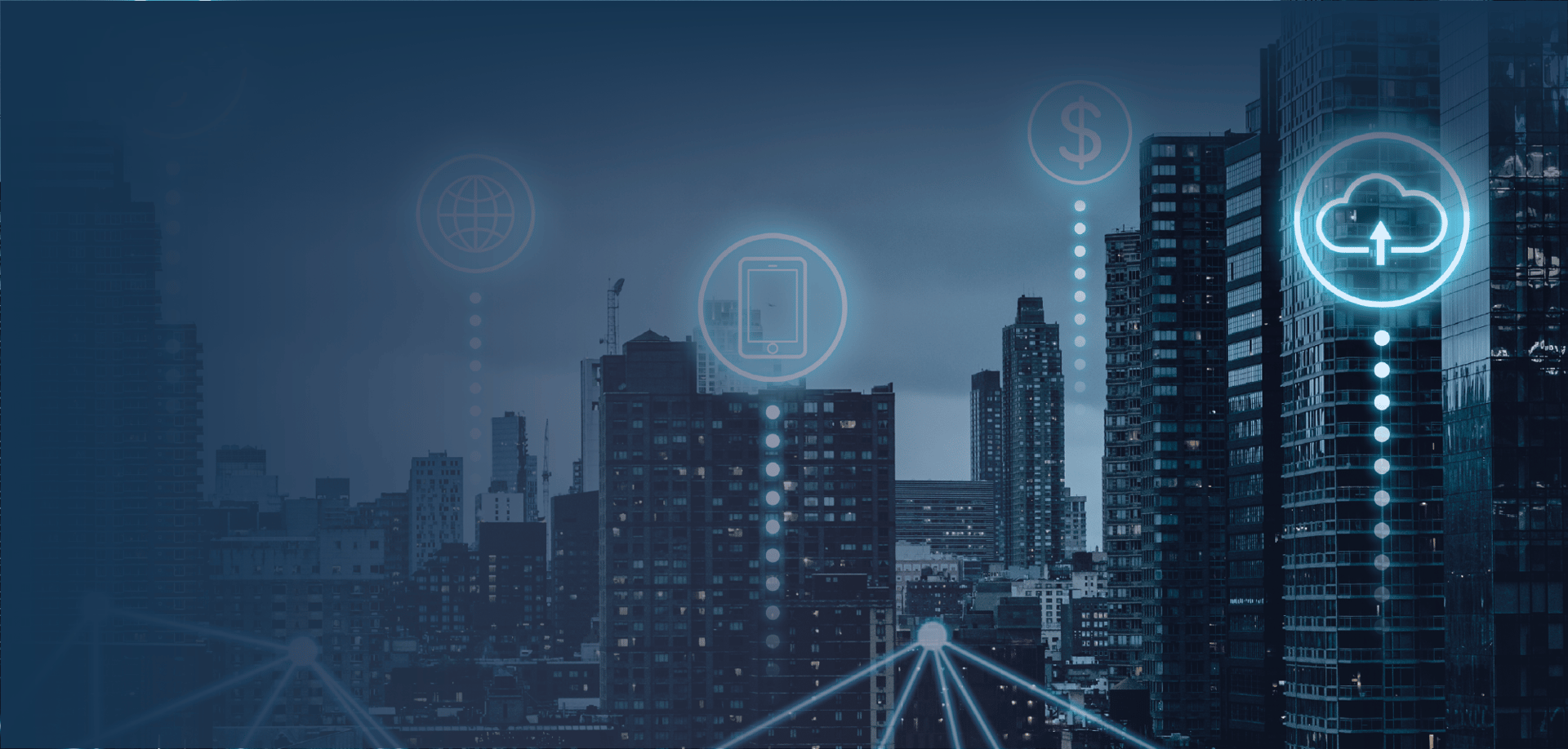 A city skyline at dusk with various digital icons, including a globe, a smartphone, a dollar sign, and a cloud, floating above modern buildings. The background features a blue gradient with network-like lines connecting the icons.