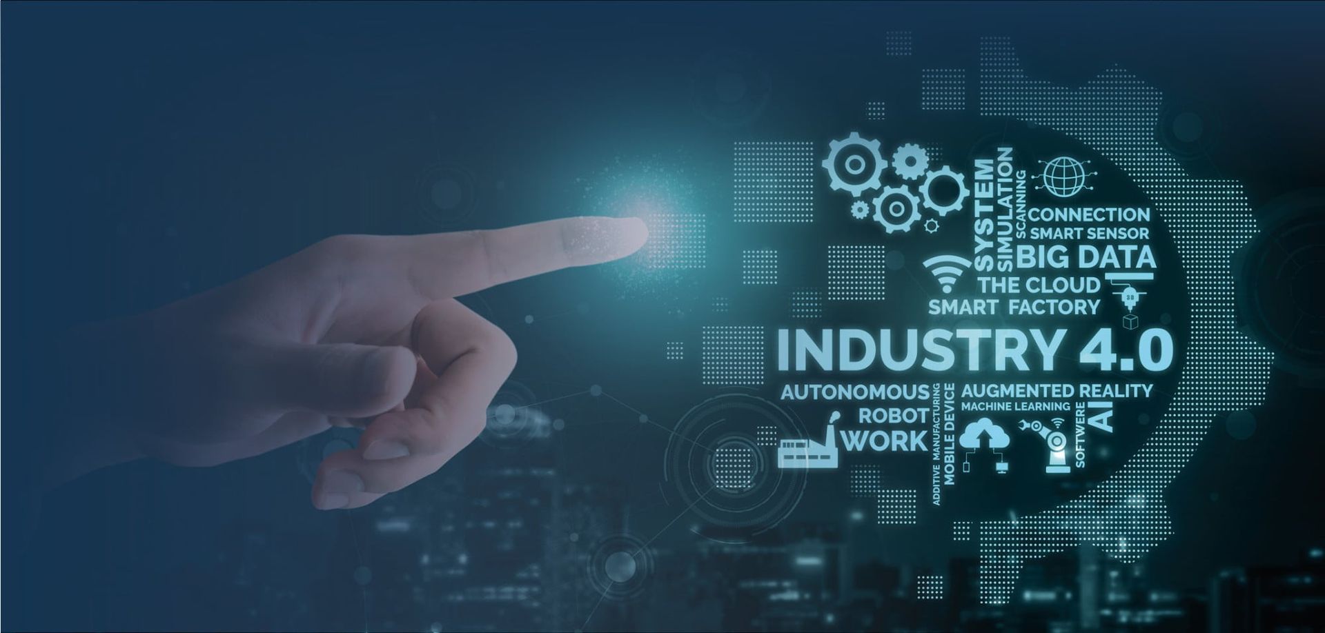 A hand reaching out to touch a digital display featuring terms related to Industry 4.0, such as "big data," "smart factory," and "augmented reality," against a dark, tech-themed background.