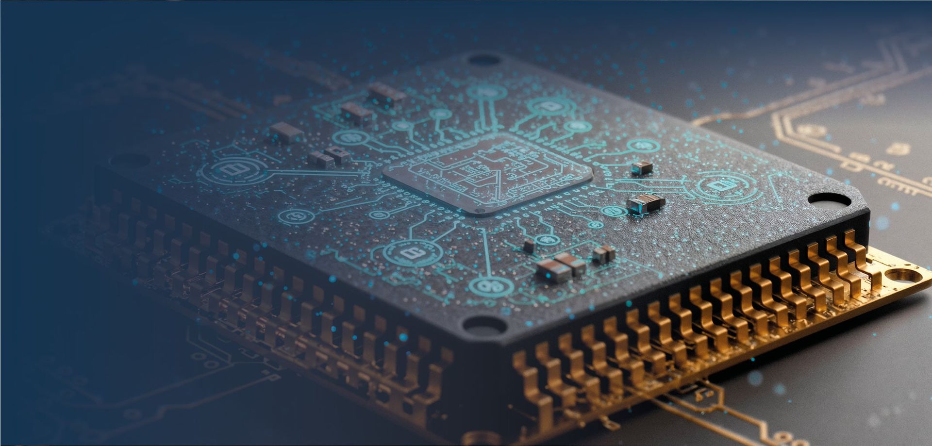 Ein moderner Mikrochip mit elektronischen Verbindungen und leuchtenden Datenpunkten auf einem schwarzen Hintergrund.