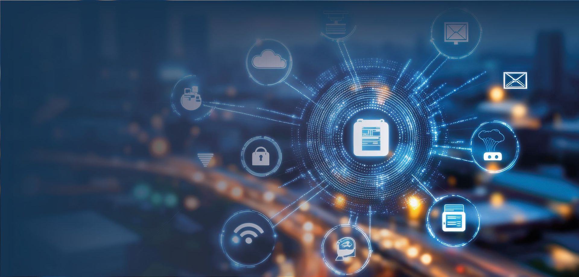 Digitale Symbole, die verschiedene Technologien und Anwendungen um ein zentrales Dokument gruppieren. Hintergrund mit unscharfen Stadtlichtern.