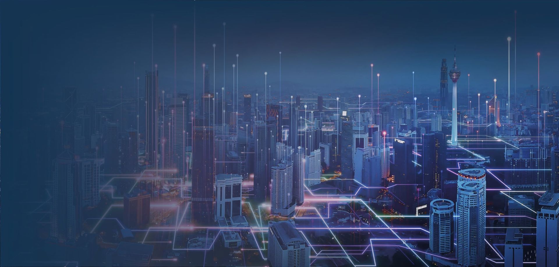 Eine futuristische Stadtansicht bei Nacht mit beleuchteten Wolkenkratzern und leuchtenden Linien, die ein Netzwerk symbolisieren.