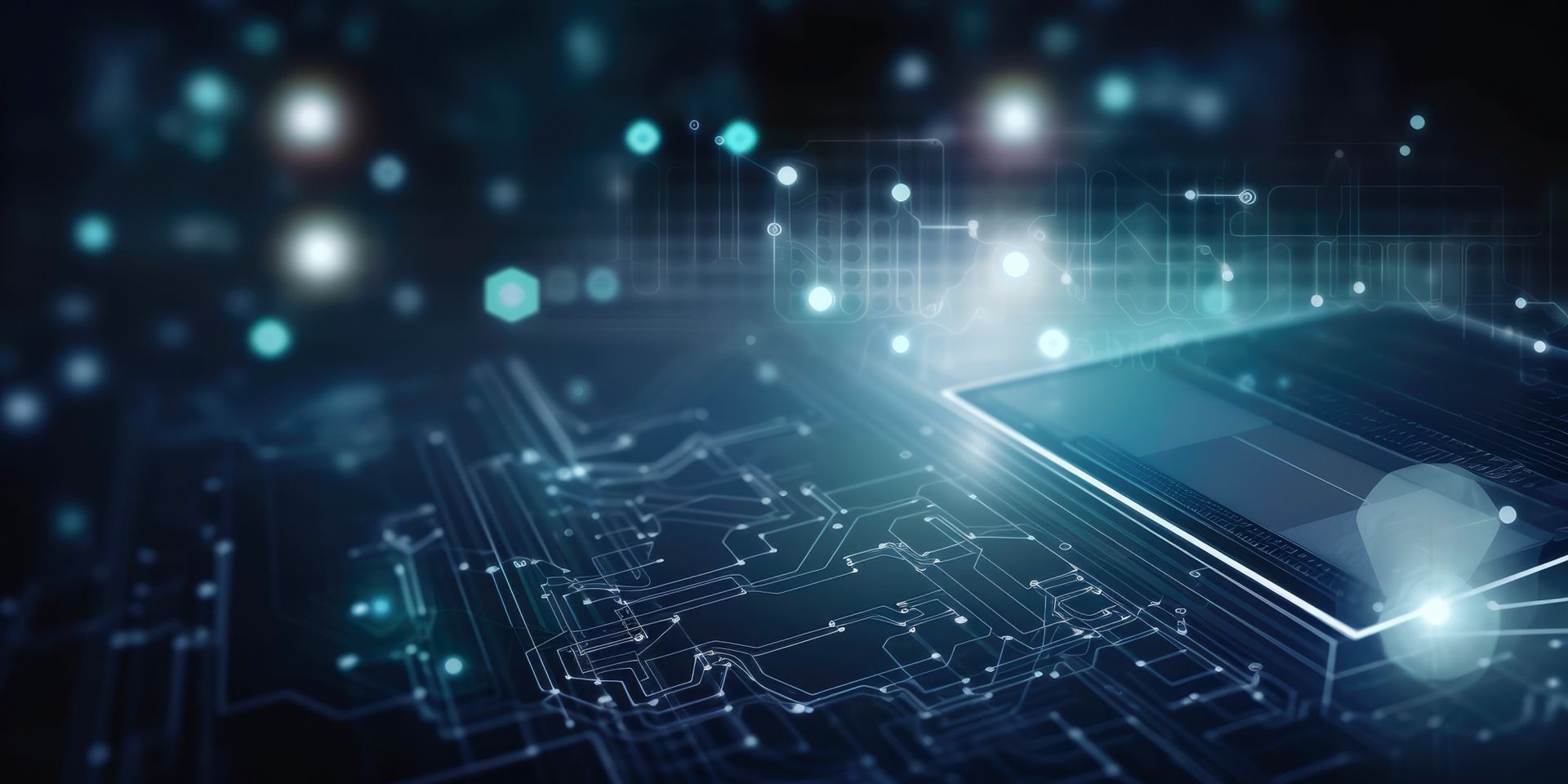 Eine futuristische Darstellung eines Computerchips auf einer Leiterplatte mit leuchtenden, digitalen Linien und Punkten im Hintergrund. Die Szene vermittelt ein Gefühl von Technologie und Innovation.