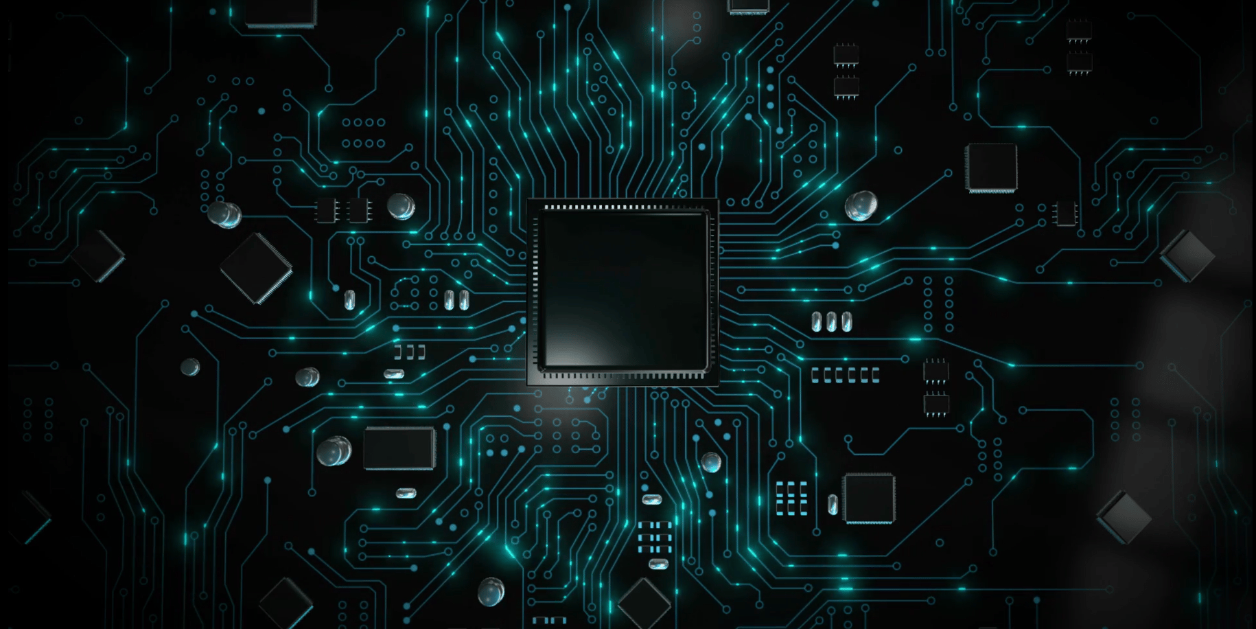 A close-up view of a circuit board with intricate patterns of blue glowing lines and various electronic components, including a central microchip. The background is dark, emphasizing the luminous connections.