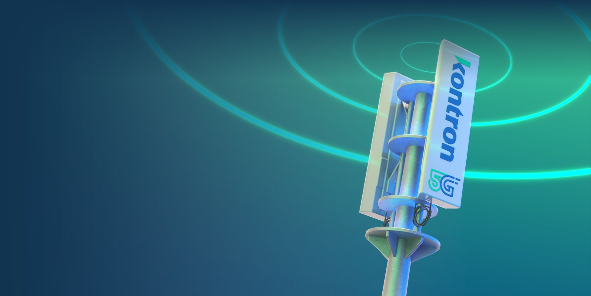 A sleek, modern 5G cell tower labeled "Kontron" stands against a gradient blue and green background, with visual wave patterns suggesting signal transmission.
