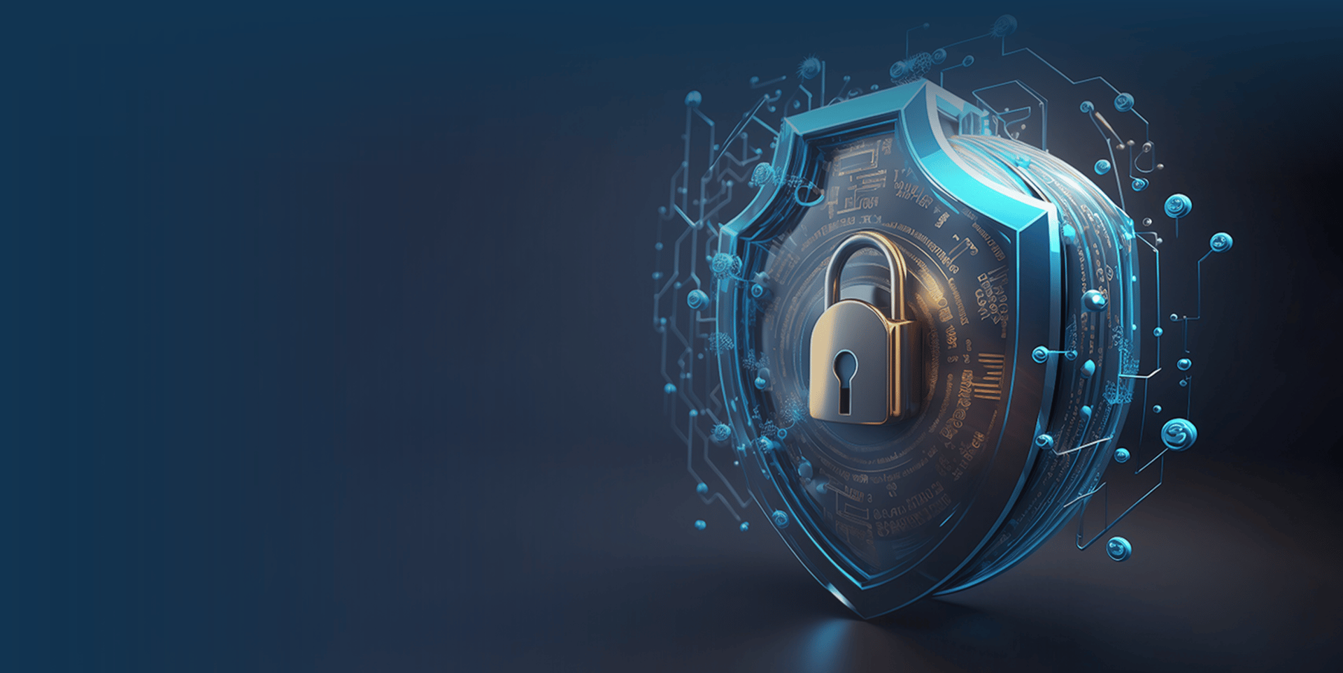 A digital shield with a golden padlock at its center, surrounded by glowing circuits and binary code elements, representing cybersecurity and data protection.