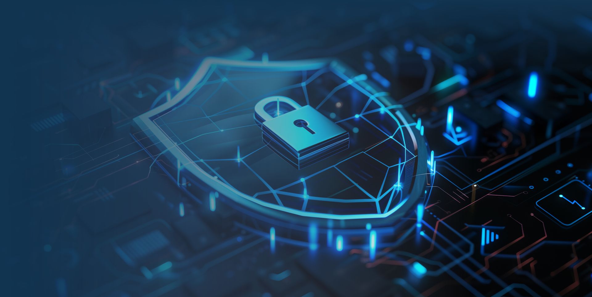 A digital representation of a shield with a padlock, symbolizing cybersecurity, surrounded by glowing circuits and a blue-toned background.