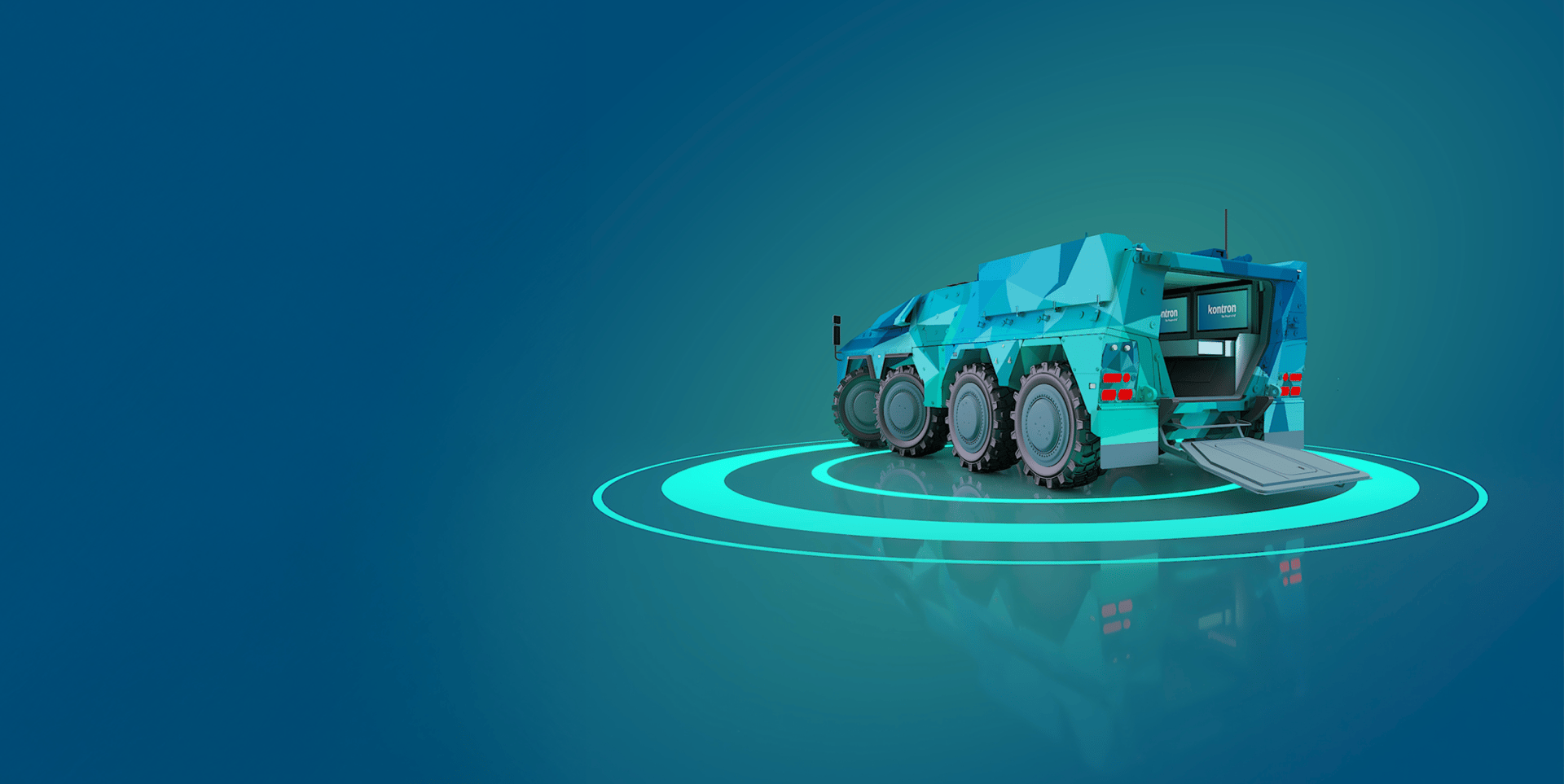A futuristic, stylized vehicle with a geometric design and large wheels stands on a glowing circular platform. The backdrop is a solid teal color, enhancing the vehicle's modern appearance.