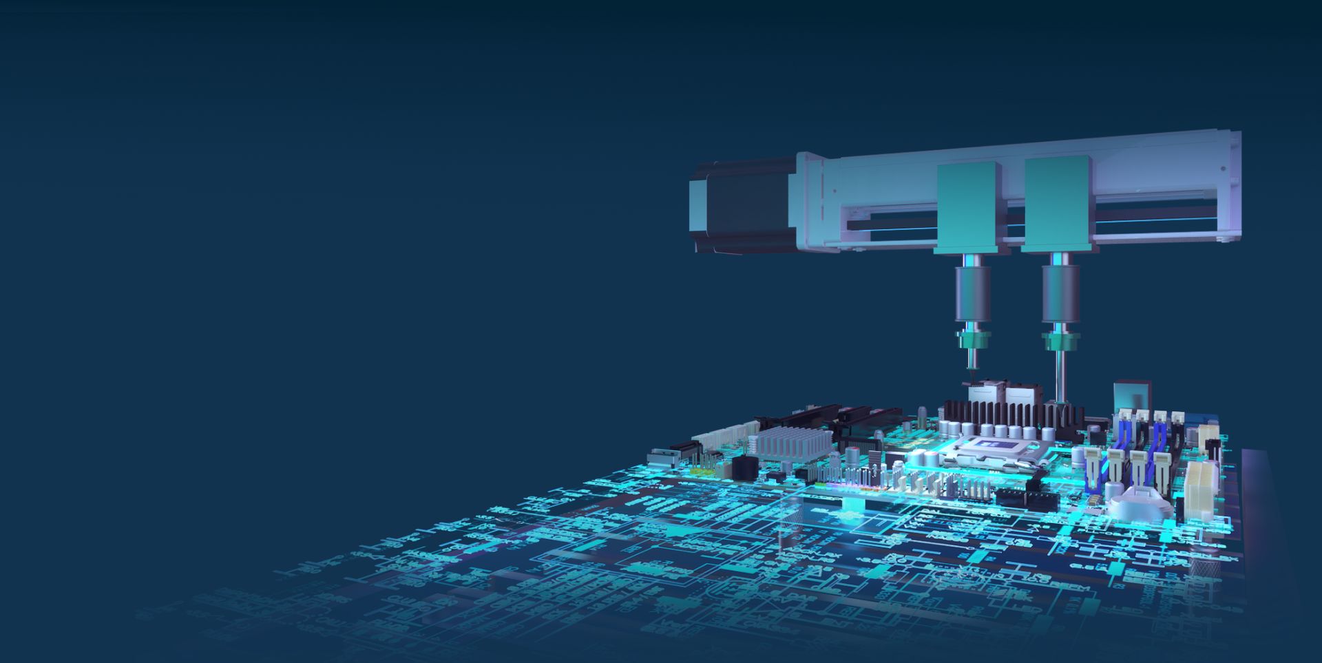 A futuristic robotic arm hovering over a detailed electronic circuit board, illuminated with blue and green light, depicting advanced technology and automation in electronics manufacturing.