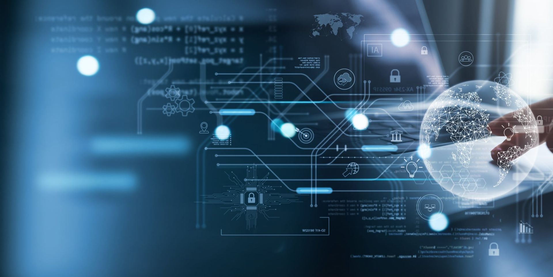 Eine Hand berührt eine digitale, holographische Darstellung der Erde, umgeben von verschiedenen Symbolen und Datenströmen, die Technologie und Sicherheit repräsentieren.