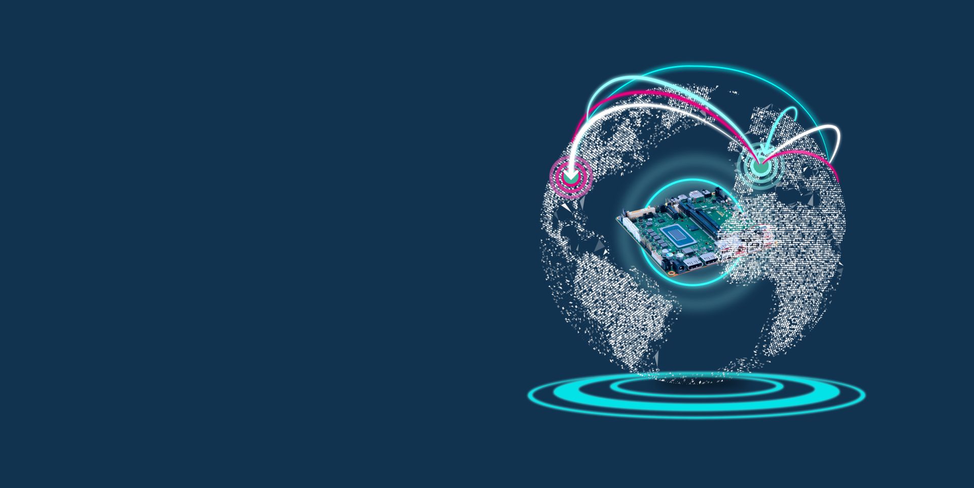 Eine digitale Darstellung der Erde aus Punkten, die mit einem Motherboard in der Mitte verbunden ist. Strahlen von Daten bewegen sich zwischen verschiedenen Punkten auf der Erde, die durch leuchtende Linien hervorgehoben werden.