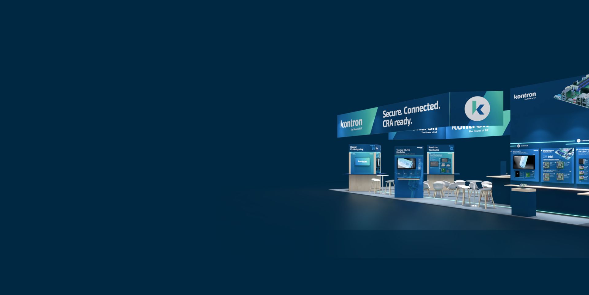 A modern exhibition booth featuring sleek designs, displays showcasing technology products, and seating areas in a dark blue setting. The booth has signs that read "kontron" and "Secure. Connected. CIA Ready."