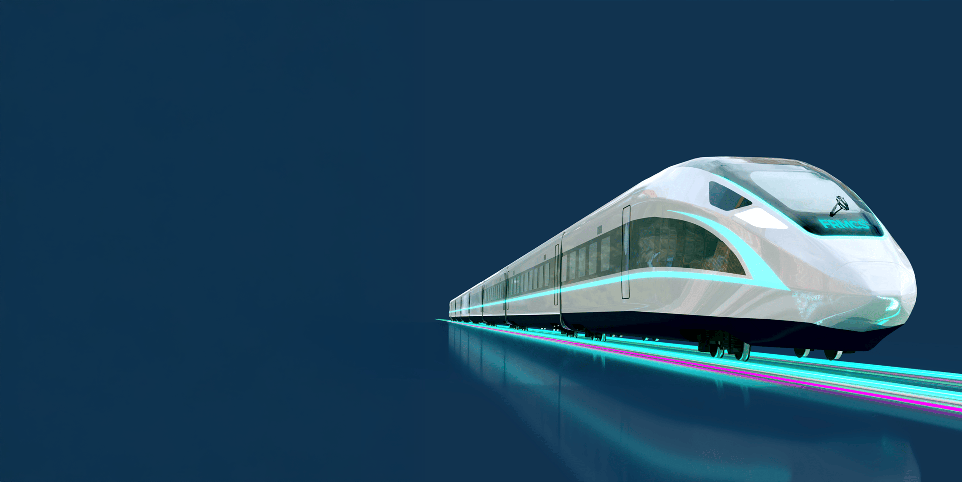 A sleek, futuristic train with a streamlined design, featuring a white exterior and vibrant blue and green accents, is depicted on a smooth track against a dark blue background.