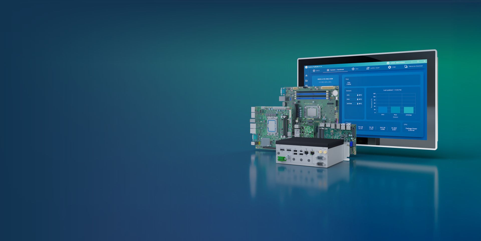 A computer monitor displays a blue interface with data charts, surrounded by various computer hardware components, including a motherboard and a small case. The background has a smooth gradient from dark blue to teal.