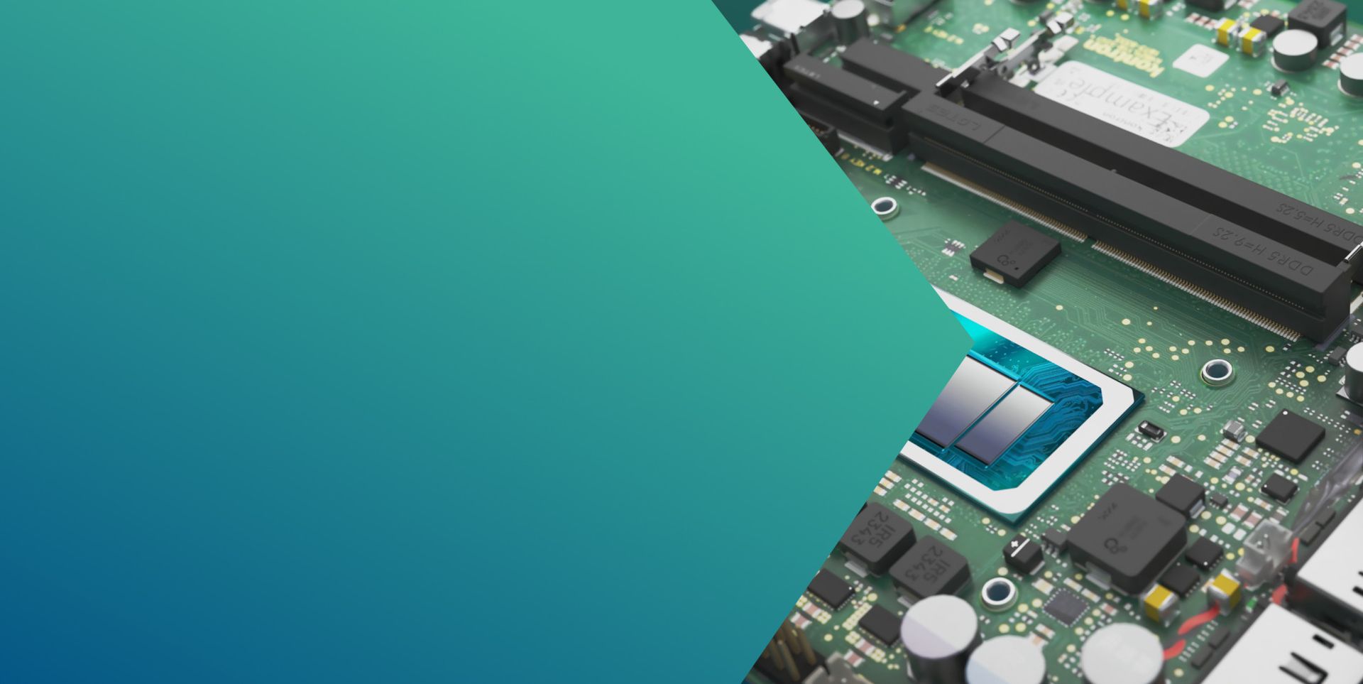 A close-up of a green circuit board displaying various electronic components, including a central processor, capacitors, and connectors, with a gradient teal overlay on one side.