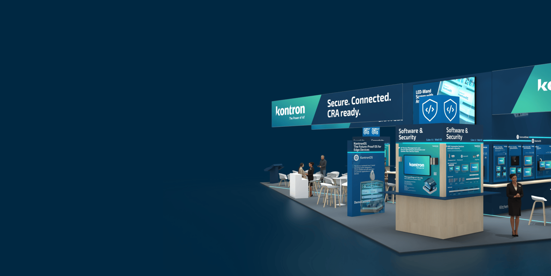 Ein moderner Messestand von Kontron mit Informationsständen, Sitzgelegenheiten und digitalen Displays. Die Farbpalette ist in Blau- und Grautönen gehalten. Besuchende interagieren mit den Ausstellern und betrachten die ausgestellten Produkte.