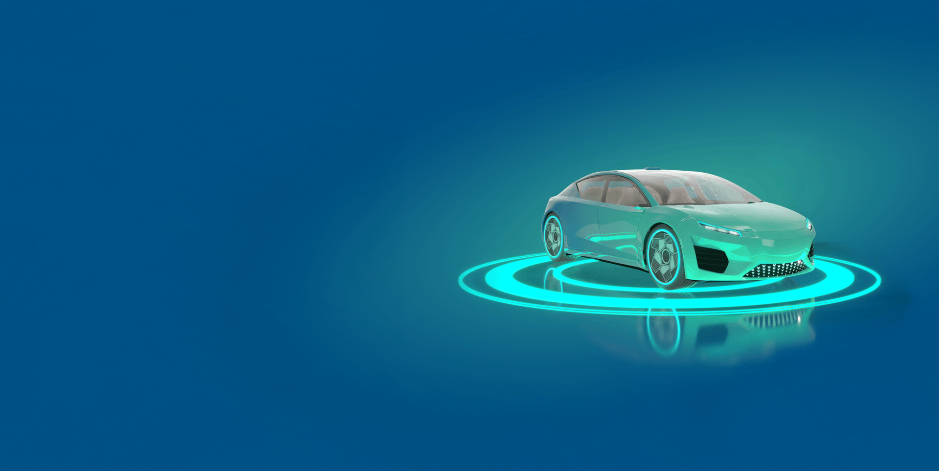 Ein futuristisches, leuchtendes Auto steht auf einem holografischen Podest vor einem blauen Hintergrund.