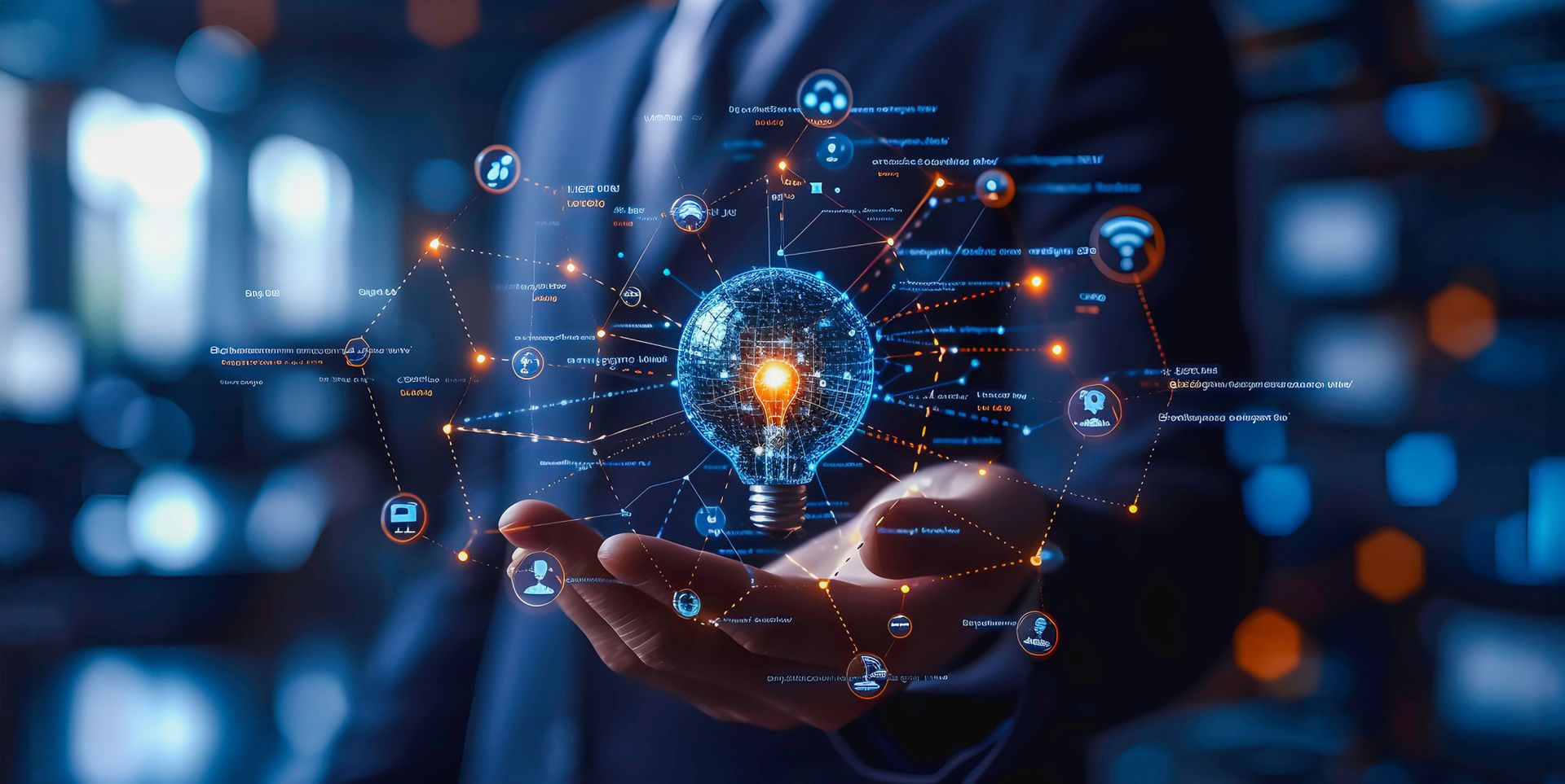 A person in a suit holds a glowing lightbulb made of interconnected lines and digital icons, representing technology and innovation. Various network symbols radiate from the lightbulb, creating a futuristic atmosphere.