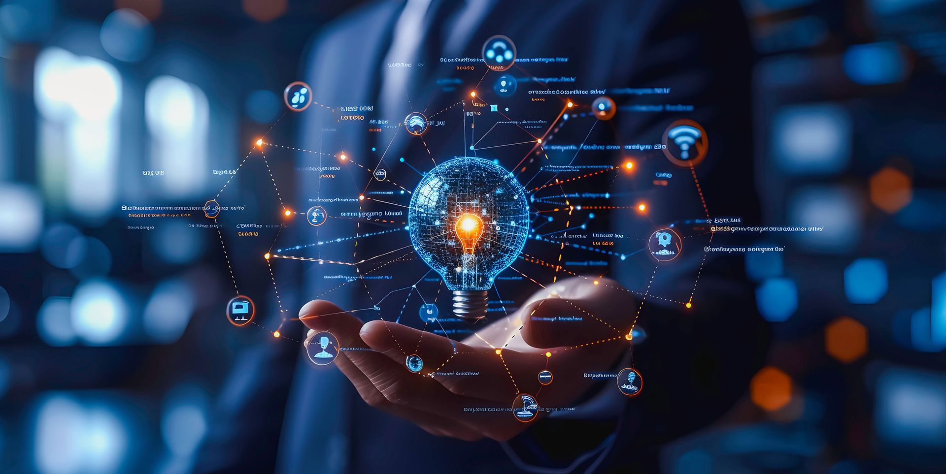 A business professional holds a glowing lightbulb above an interconnected network of icons representing technology, data, and communication, set against a blurred office background.