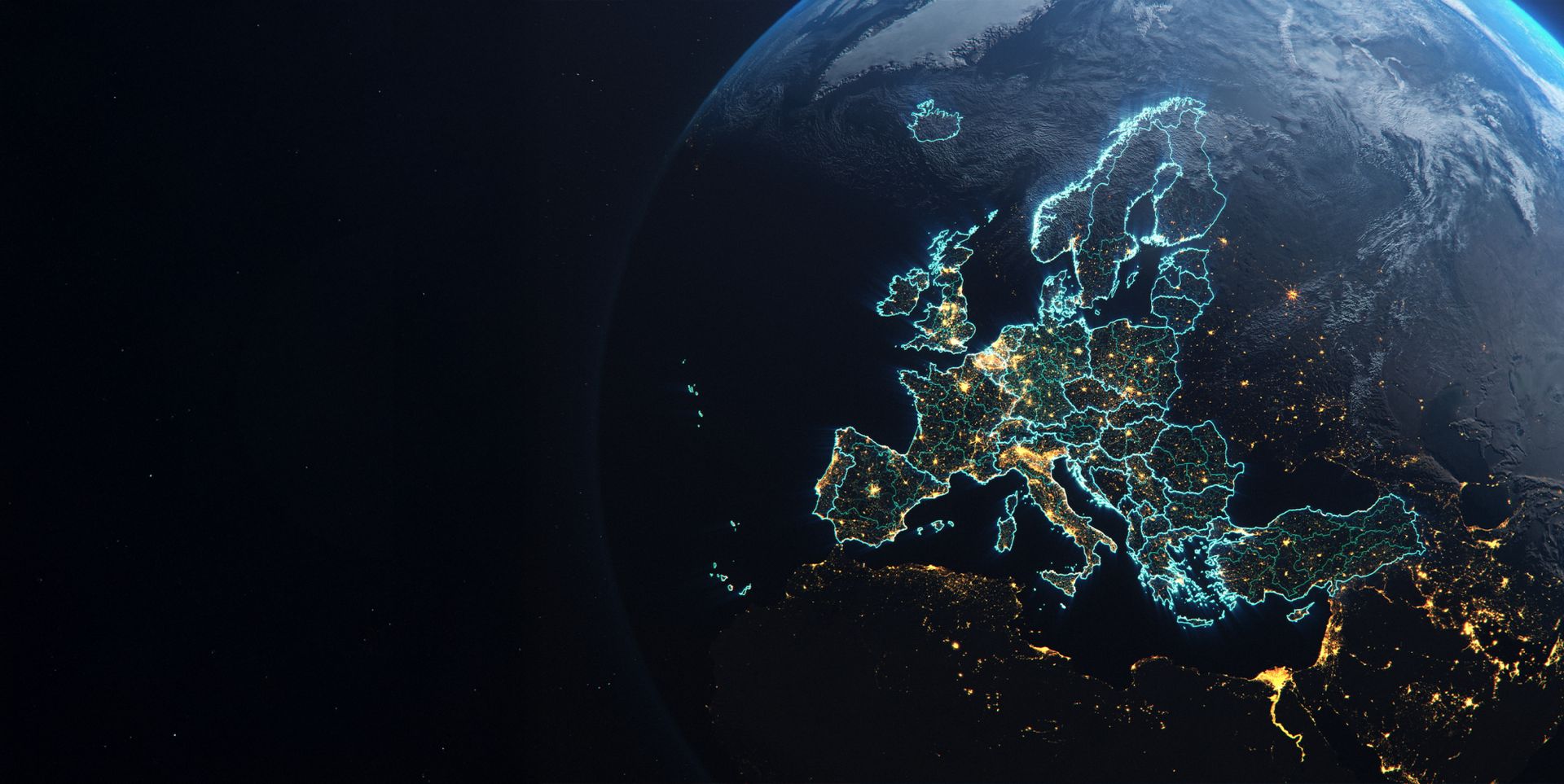 A night view of Europe from space, showcasing illuminated cities and countries outlined with glowing blue lines against a dark background.