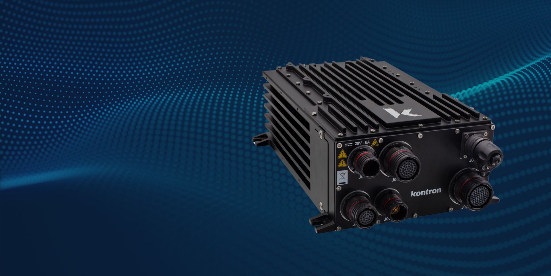 A black electronic device with multiple connectors and a textured surface, placed against a blue background with a wavy pattern. The device is labeled with the brand "Kontron."