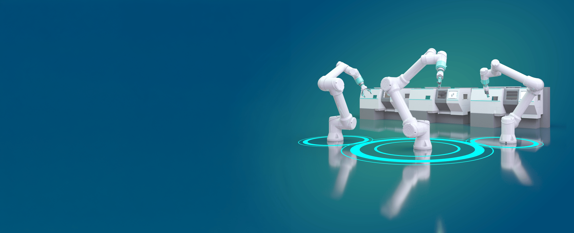 Three robotic arms positioned near a machine, with a digital blue background and circular graphical elements on the floor, suggesting automation and advanced technology.