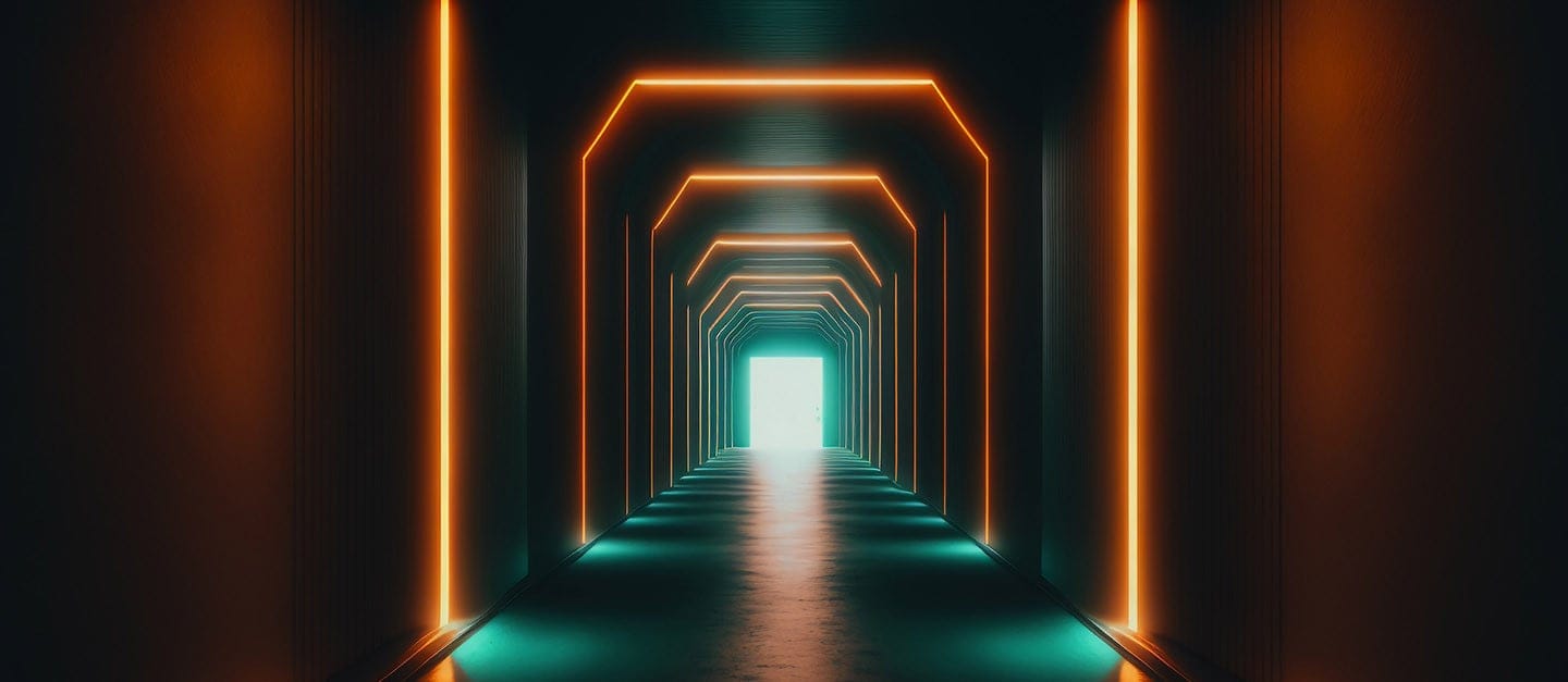 A futuristic corridor with glowing orange and teal lights outlining the walls. A bright doorway is visible at the end, creating a sense of depth and mystery.
