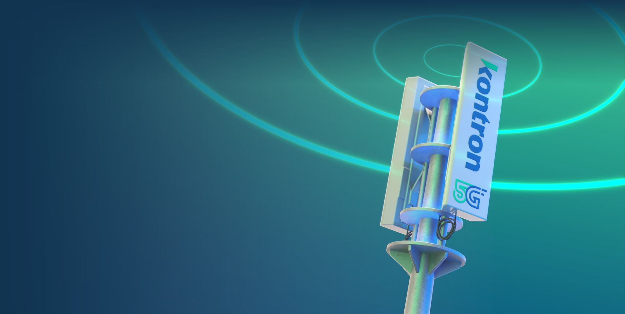 A sleek, modern 5G cell tower labeled "Kontron" stands against a gradient blue and green background, with visual wave patterns suggesting signal transmission.