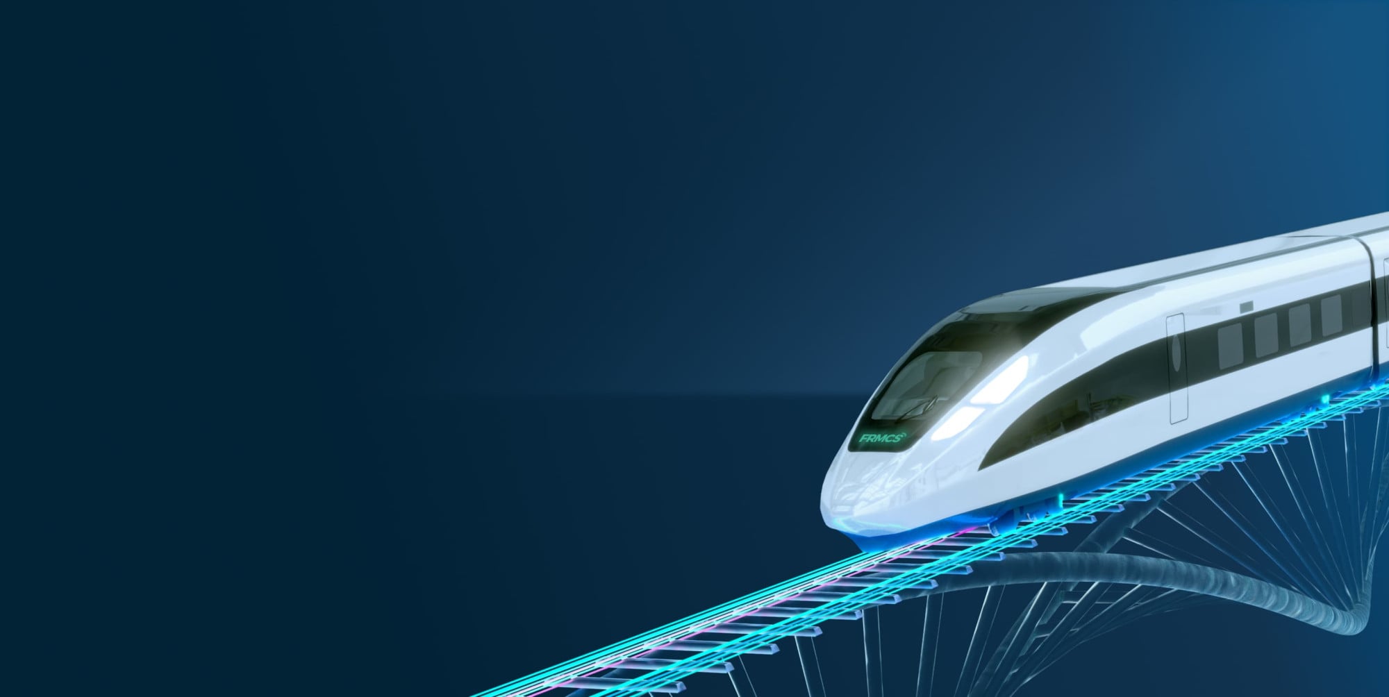 A futuristic high-speed train moves along a glowing, stylized railway track against a deep blue background.